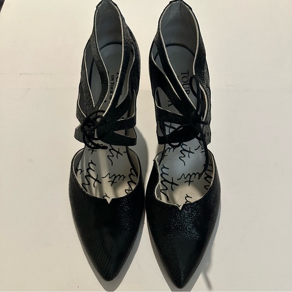 Un Tour en Ville Elegant Black Leather Women's Heels Tissage Satine 39 / 8.5 US - Picture 5 of 12